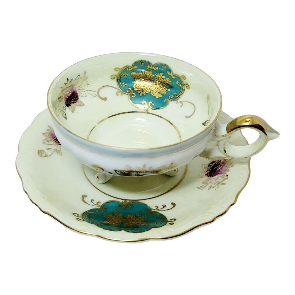 ROYAL SEALY England bone China Tea Cup Saucer Gold Trim Green Raised Gold Design